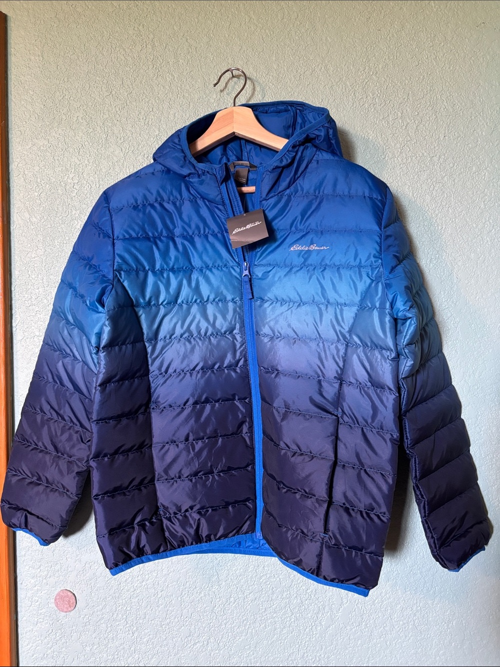 Eddie Bauer Kids Cirruslite Blue Ombre Hooded Puffer Jacket Size L 14 - NWT